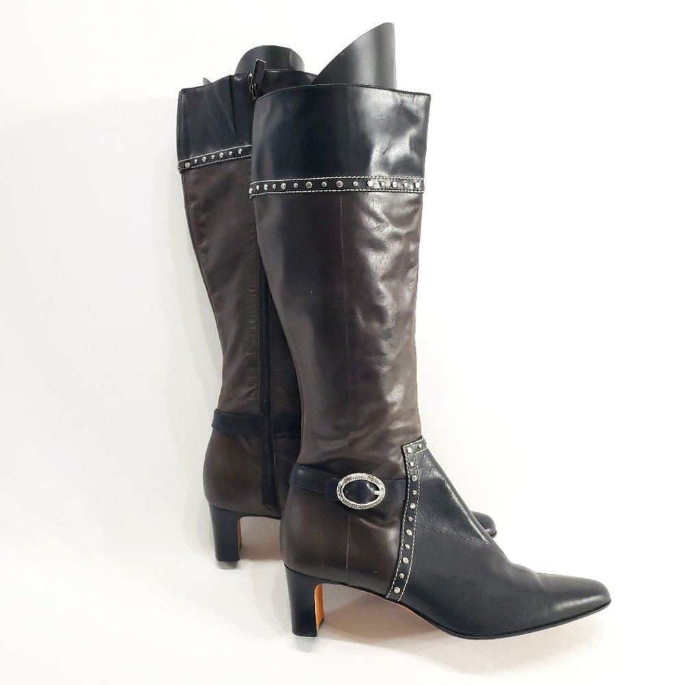 Brighton Taos Brown Black Two Tone Leather Knee Boots Size 8M Silver